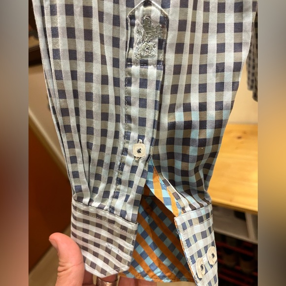 BUGATCHI shape fit, tailored men’s blue checkered dress shirt, large - Picture 6 of 13